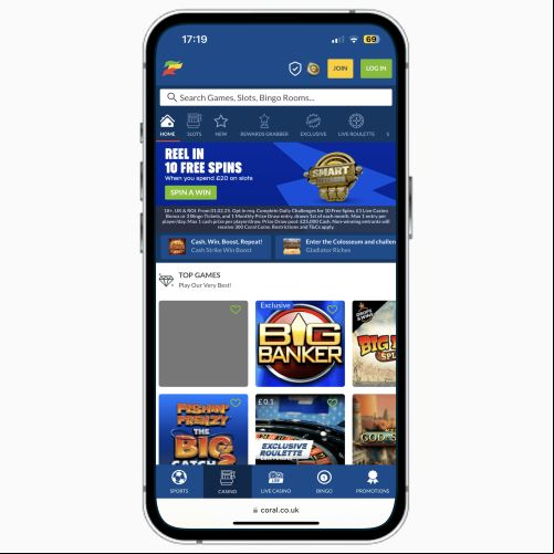 Coral Casino mobile site on iPhone, featuring information on a free spins bonus and top games at the casino