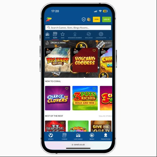 Coral Casino mobile site on iPhone, featuring slots that are taking part in the Drops & Wins promotion