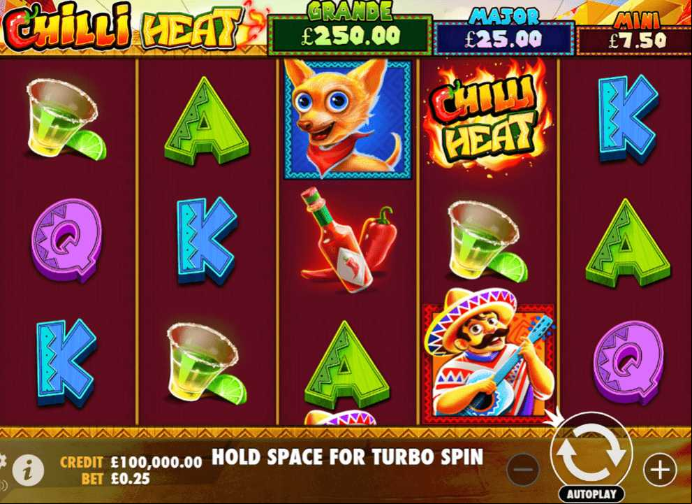 Screenshot of the slot game Chilli Heat by Pragmatic Play, which has a no deposit bonus available at UK online casino Cash Arcade.